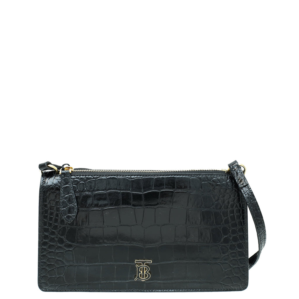Burberry Black Croc Embossed TB Shoulder Bag