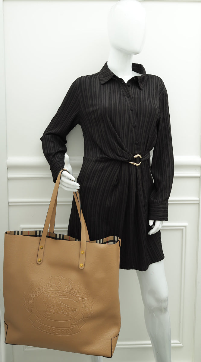 Burberry Light Camel Embossed Crest Large Tote Bag