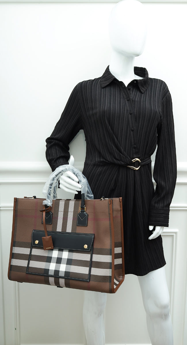 Burberry Dark Birch Brown Check Bio-based Medium Freya Tote Bag