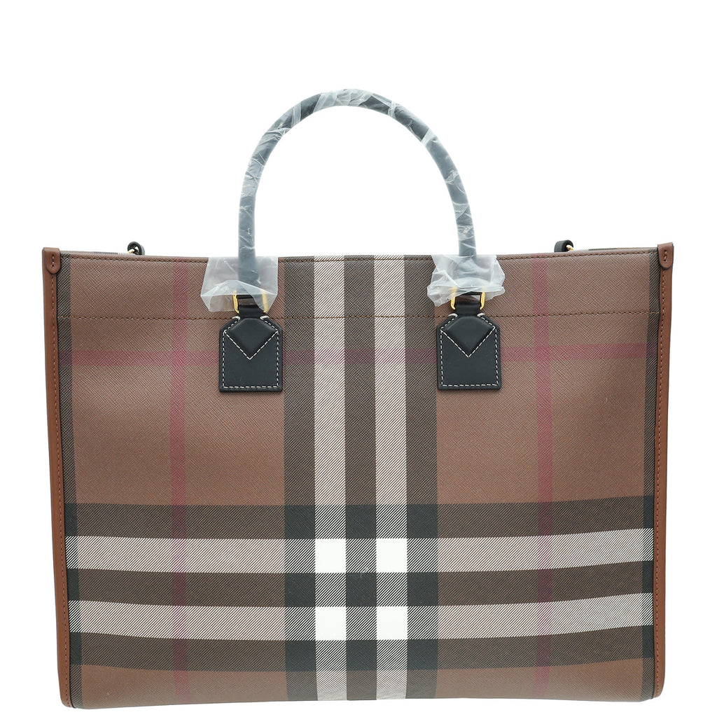 Burberry Dark Birch Brown Check Bio-based Medium Freya Tote Bag