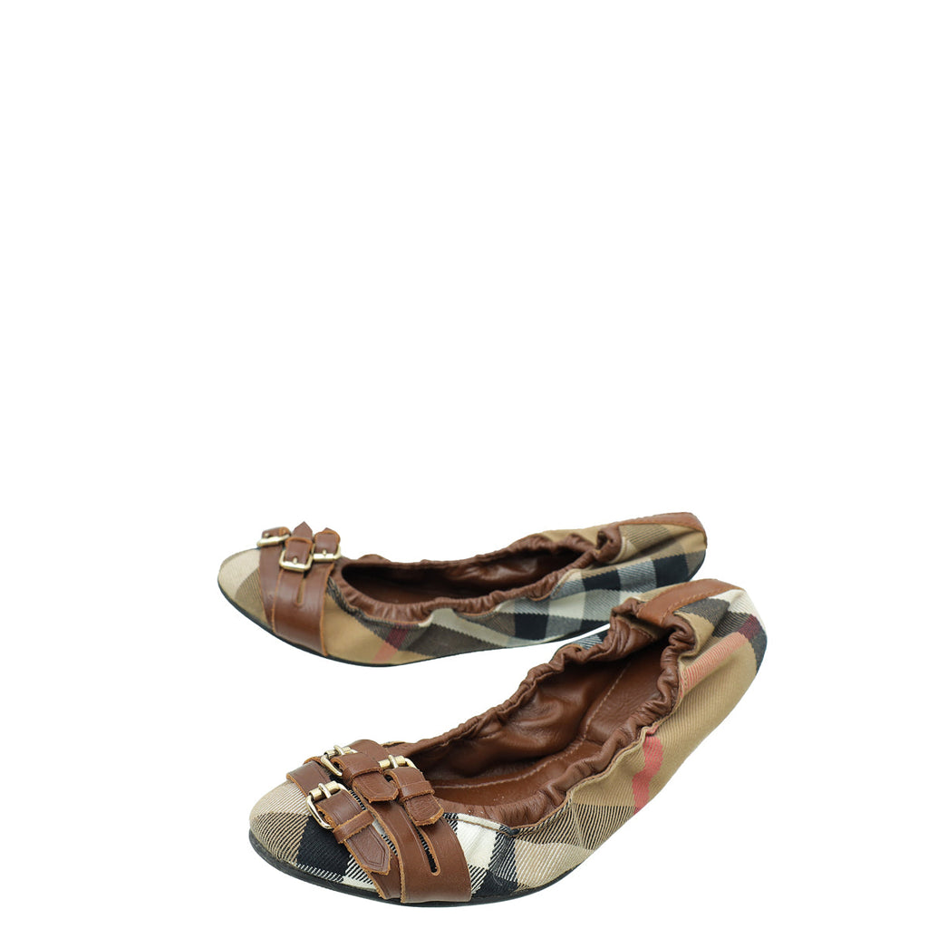 Burberry Bicolor Housecheck Bridle Flat Ballerina 38