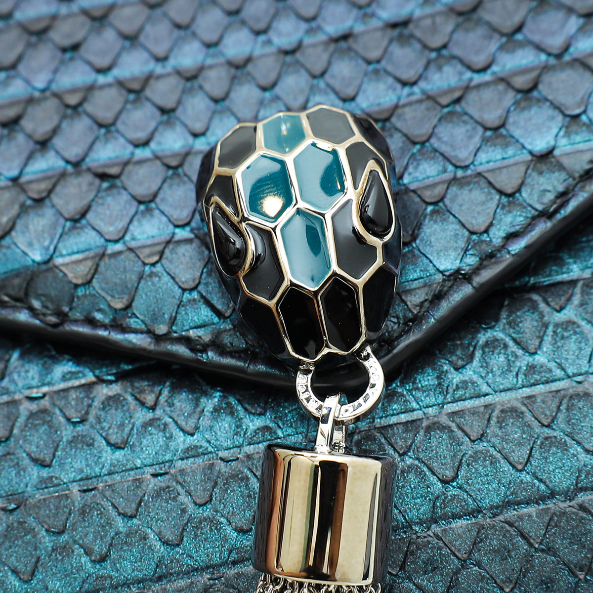 Bvlgari Metallic Teal Python Serpenti Forever Tassel Clutch