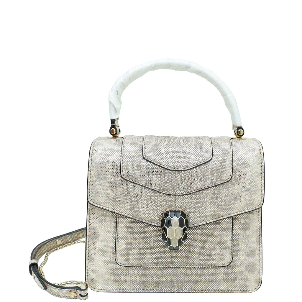 Bvlgari Metallic Beige Karung Serpenti Forever Small Top Handle Bag