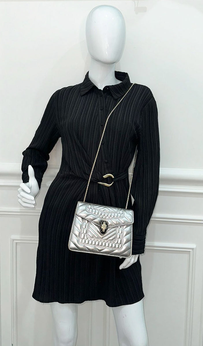 Bvlgari Metallic Silver Serpenti Forever Quilted Scaglie Flap Bag