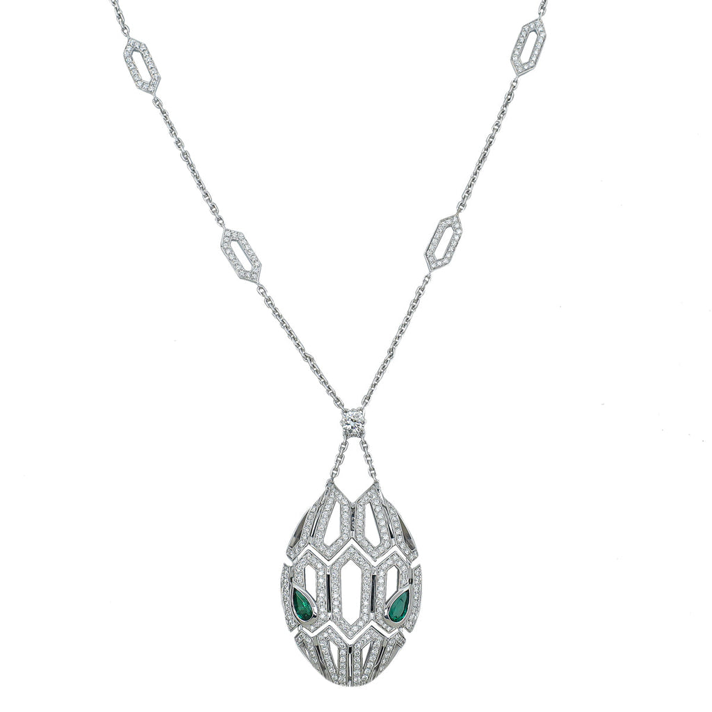 Bvlgari 18K White Gold Emeralds & Diamonds Serpenti Necklace