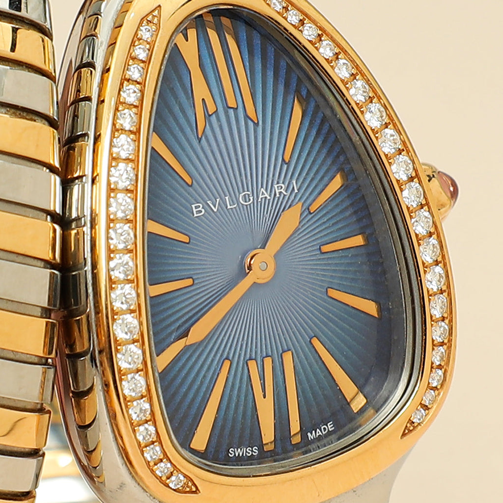 Bvlgari Stainless Steel Rose Gold Diamond Serpenti Tubogas Single Spiral Quartz 35mm Small Watch