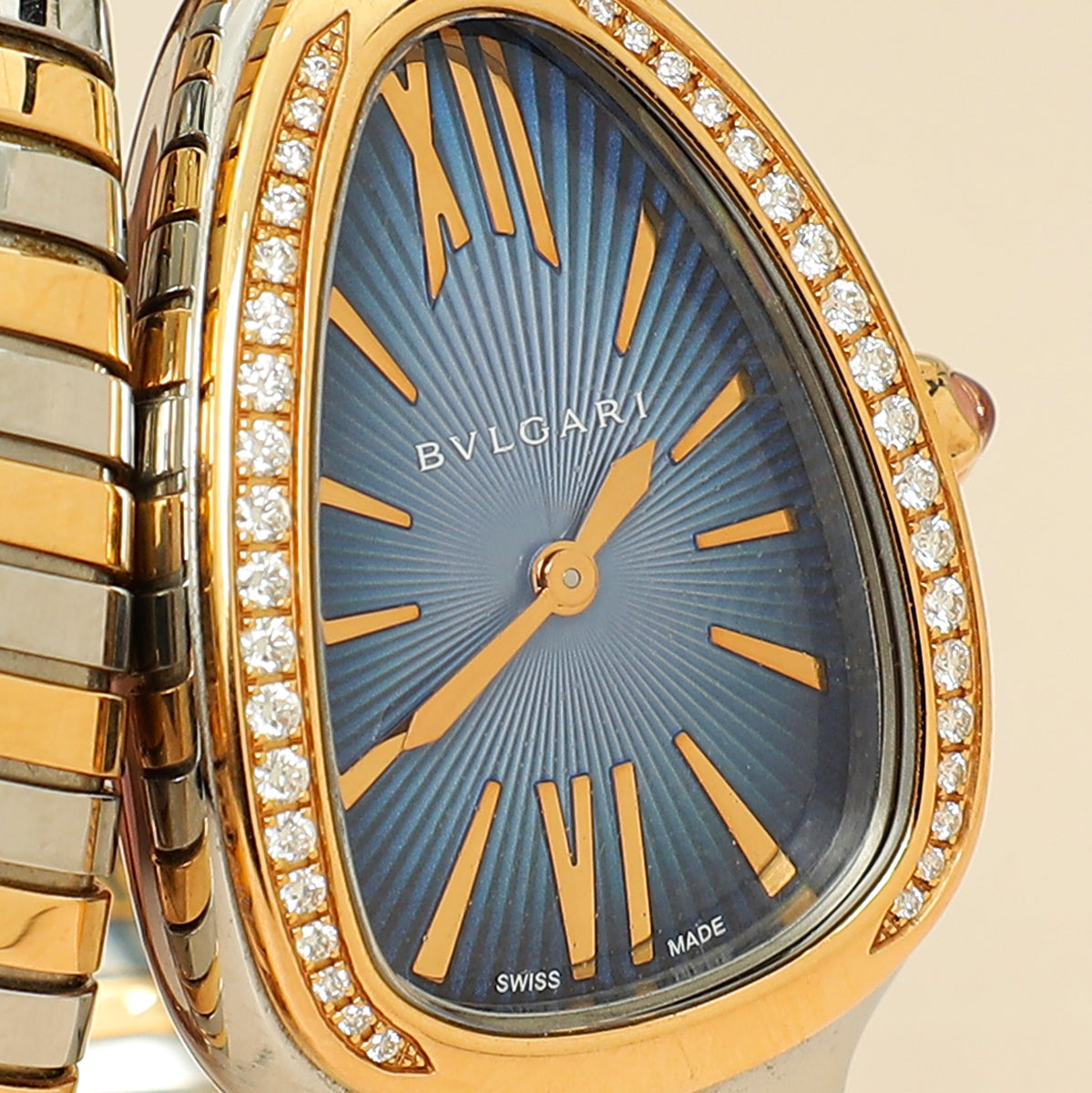 Bvlgari Stainless Steel Rose Gold Diamond Serpenti Tubogas Single Spiral Quartz 35mm Small Watch