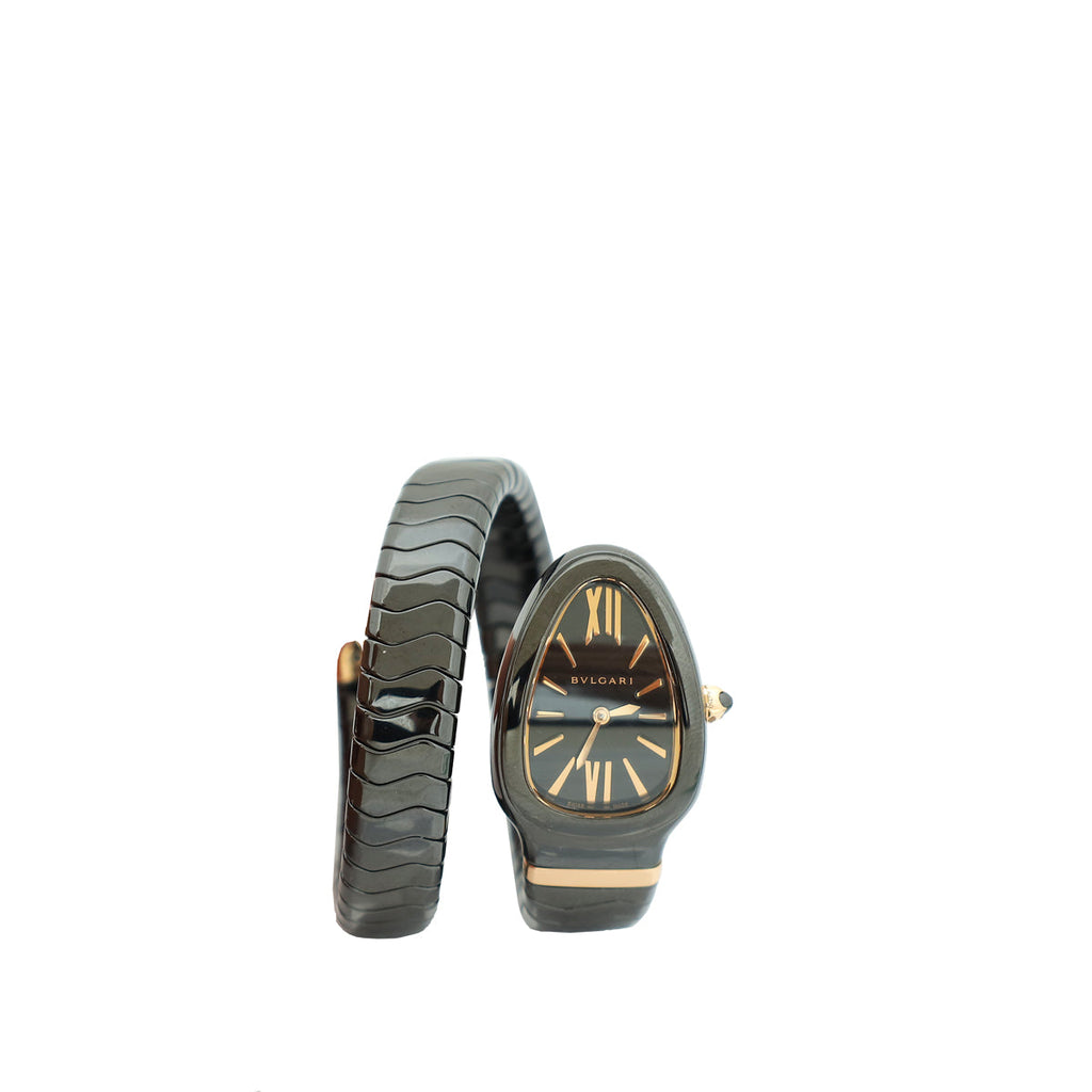 Bvlgari 18K Rose Gold Black Ceramic Serpenti Spiga Single Spiral 35mm Quartz Watch