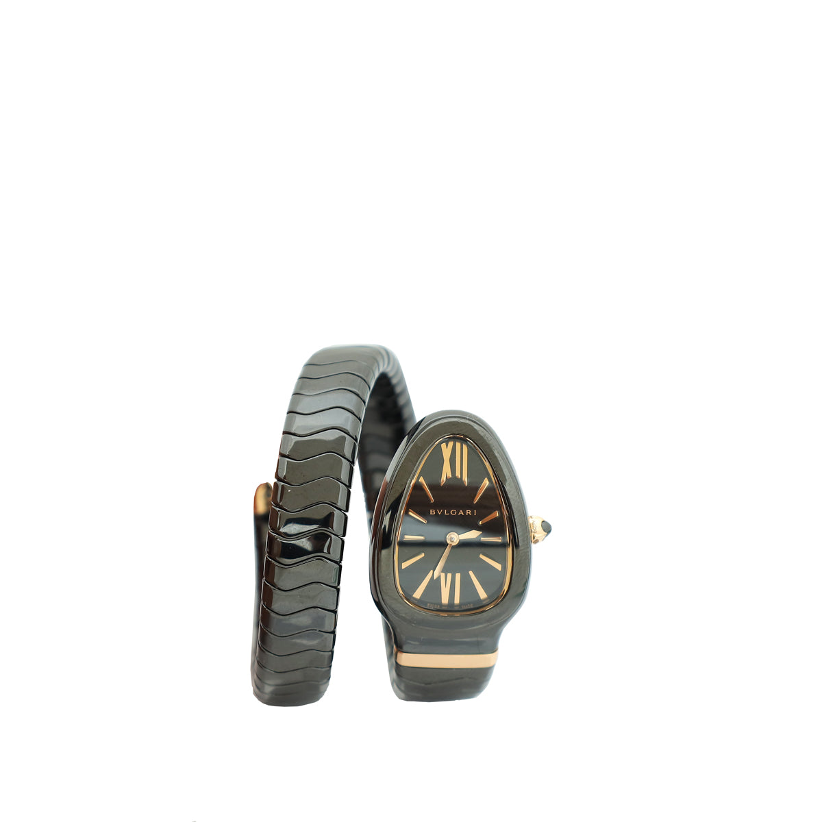 Bvlgari 18K Rose Gold Black Ceramic Serpenti Spiga Single Spiral 35mm Quartz Watch