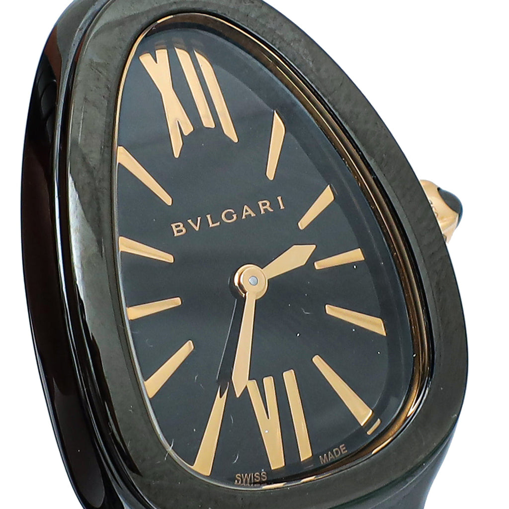 Bvlgari 18K Rose Gold Black Ceramic Serpenti Spiga Single Spiral 35mm Quartz Watch
