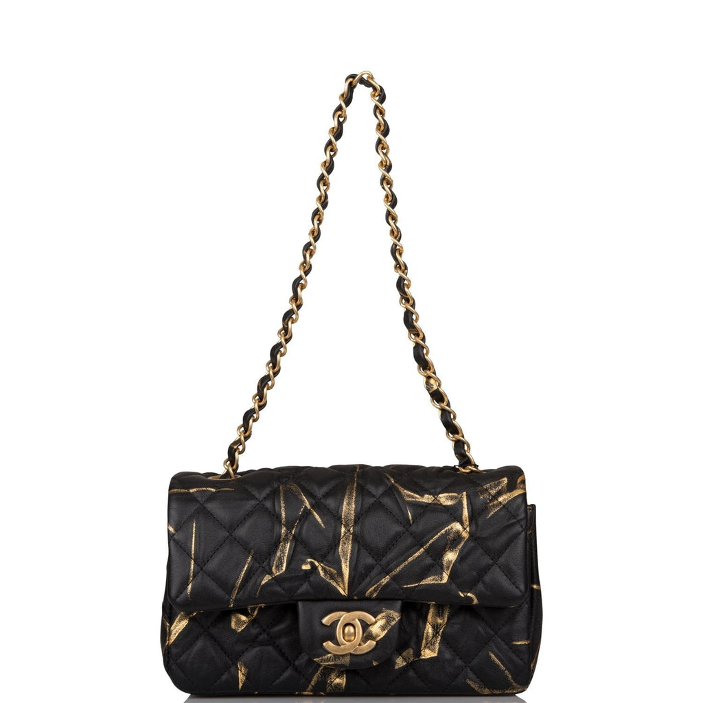 Chanel Mini Rectangular Flap Bag Black and Gold Aged Calfskin Antique Gold Hardware