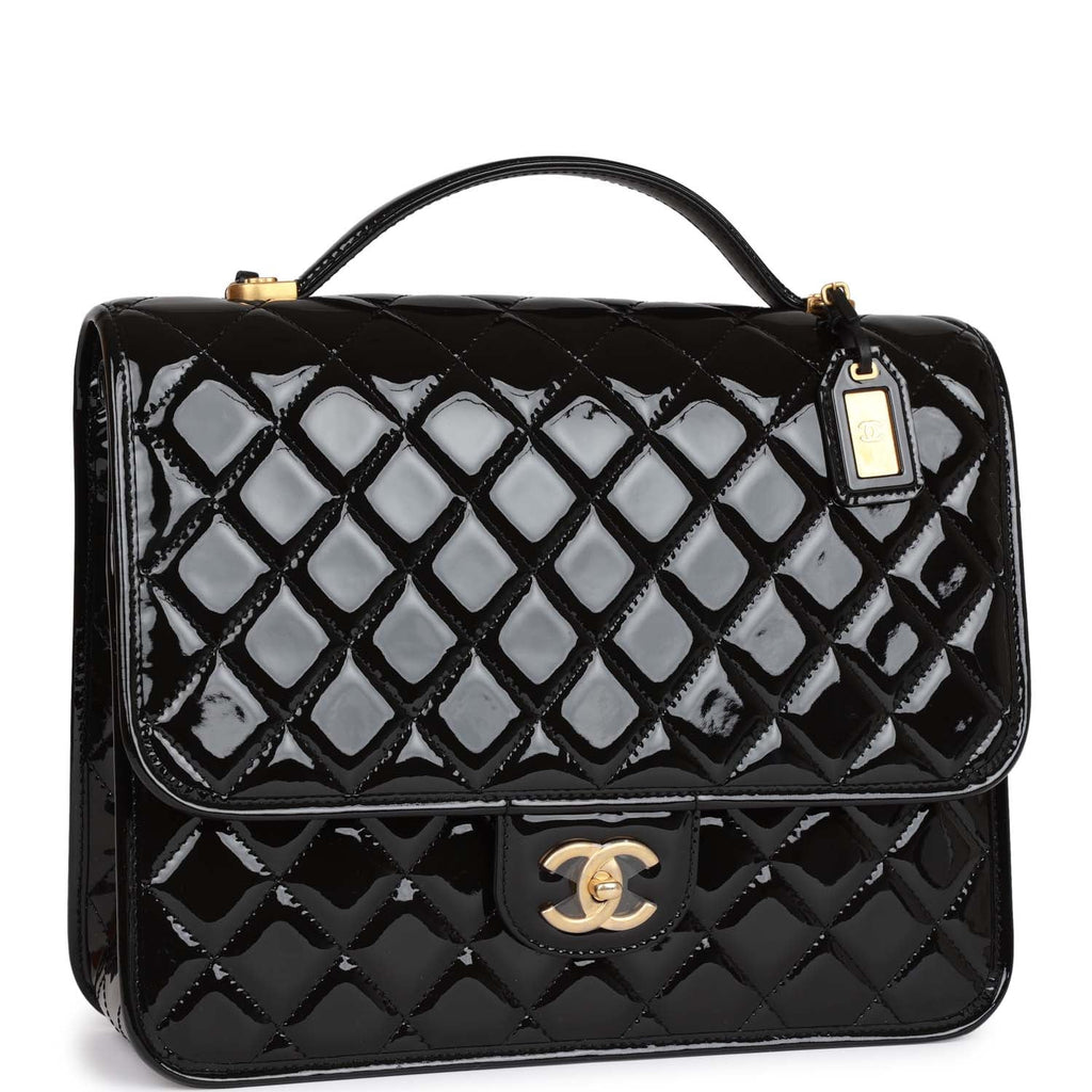 Chanel Large Flap Backpack Black Patent Antique Gold Hardware