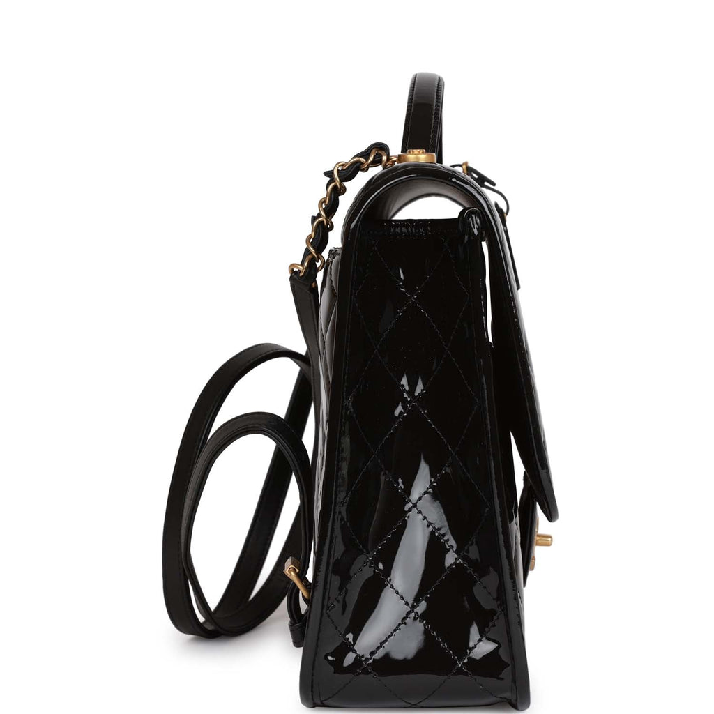Chanel Large Flap Backpack Black Patent Antique Gold Hardware