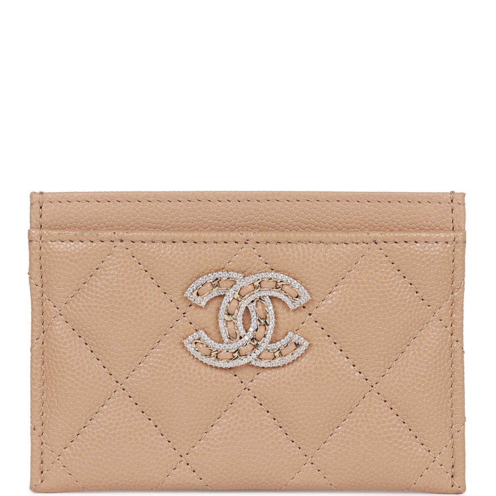 Chanel Card Holder Wallet Beige Caviar Crystal and Light Gold Hardware
