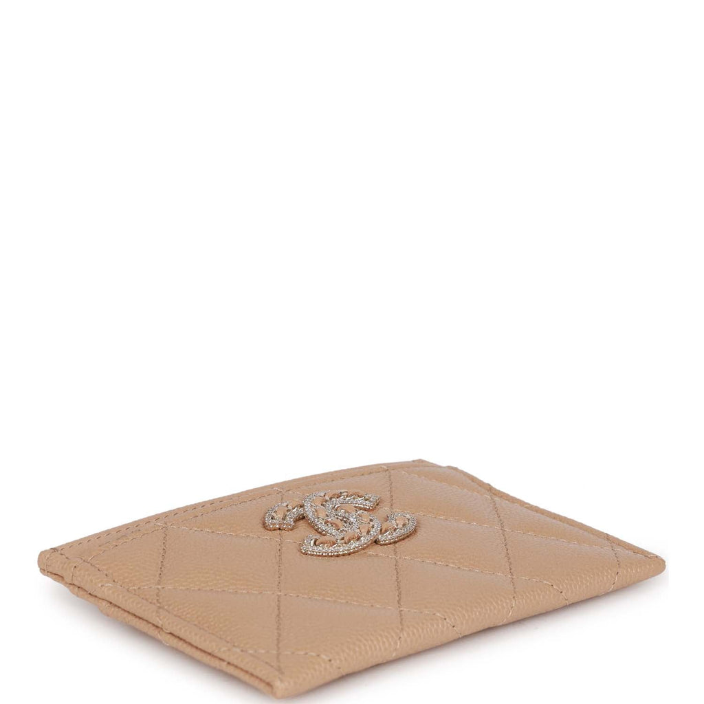 Chanel Card Holder Wallet Beige Caviar Crystal and Light Gold Hardware