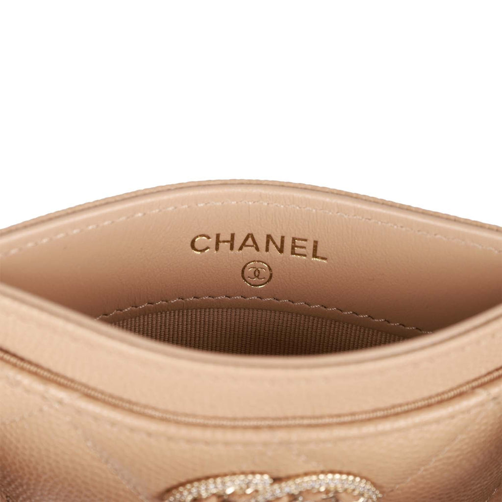 Chanel Card Holder Wallet Beige Caviar Crystal and Light Gold Hardware
