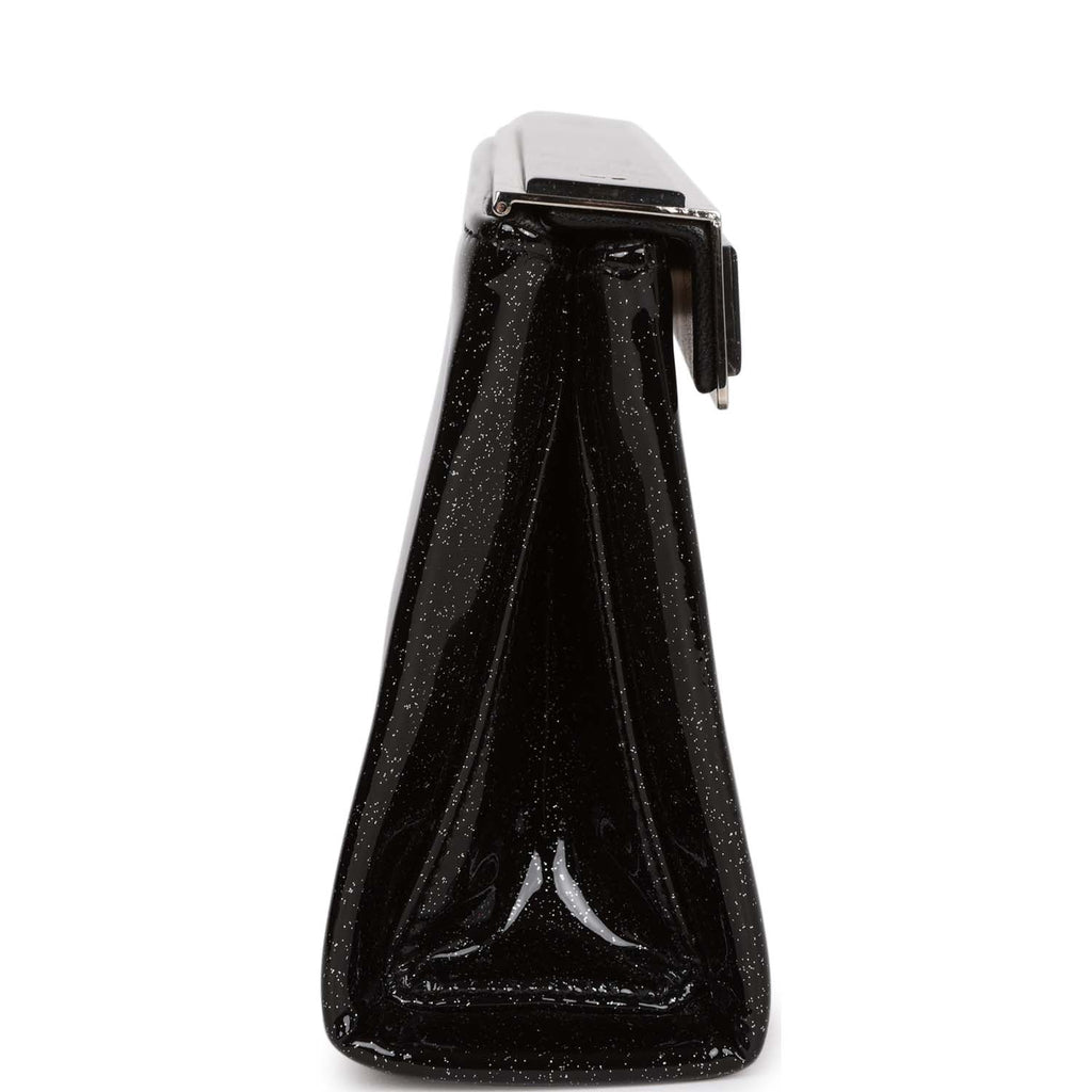Chanel Minaudiere Long Frame Clutch Black Glitter Patent Silver Hardware