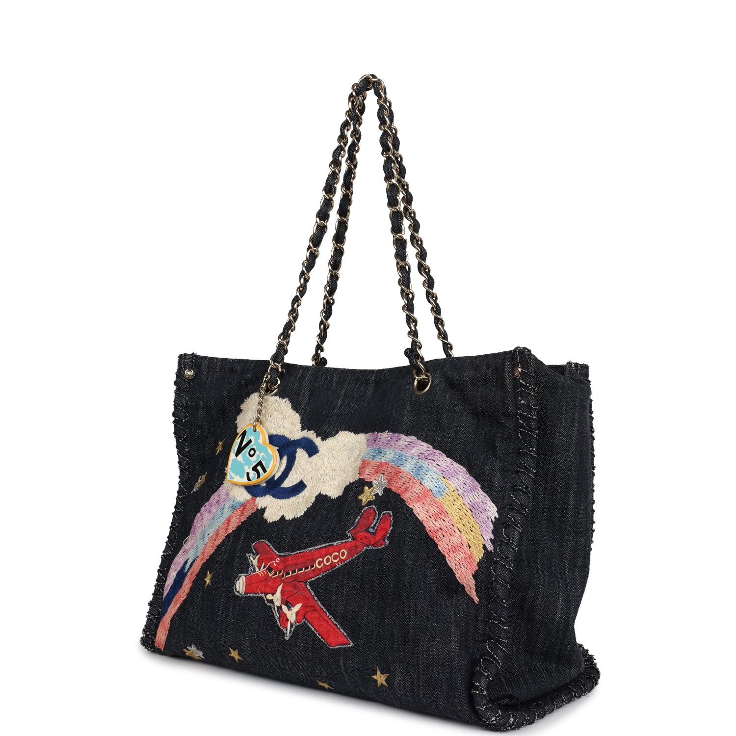 Chanel Night Flight Embroidered Shopping Tote Multicolored Denim Gold Hardware