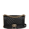 Chanel Medium Boy Bag Black Chevron Caviar Light Gold Hardware