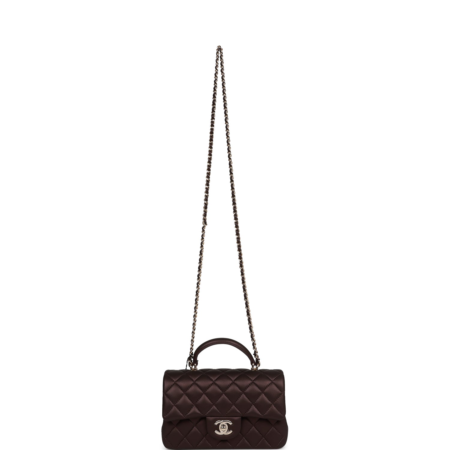 Chanel Mini Rectangular Flap Bag with Top Handle Burgundy Lambskin Light Gold Hardware
