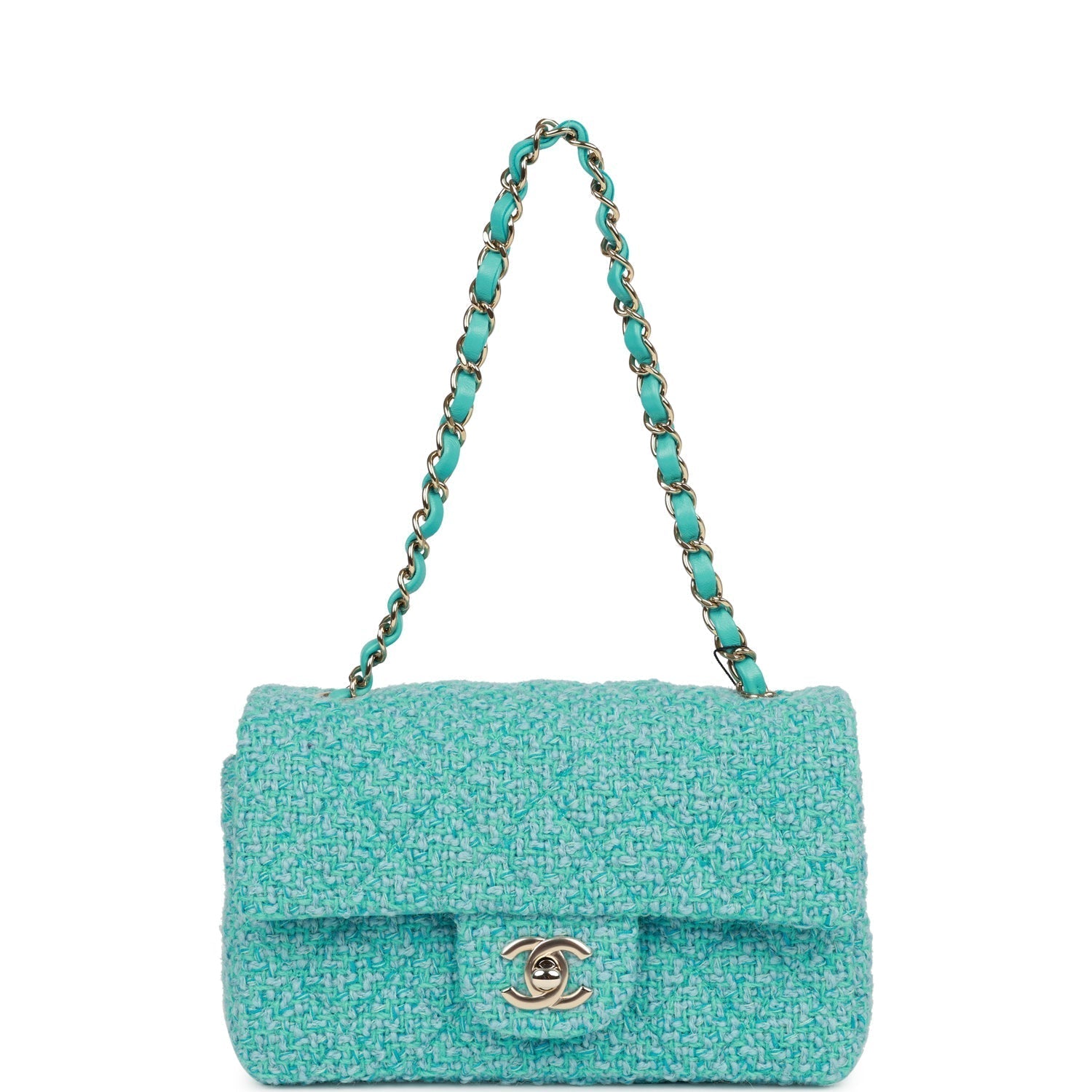 Chanel Mini Rectangular Flap Bag Blue Tweed Light Gold Hardware