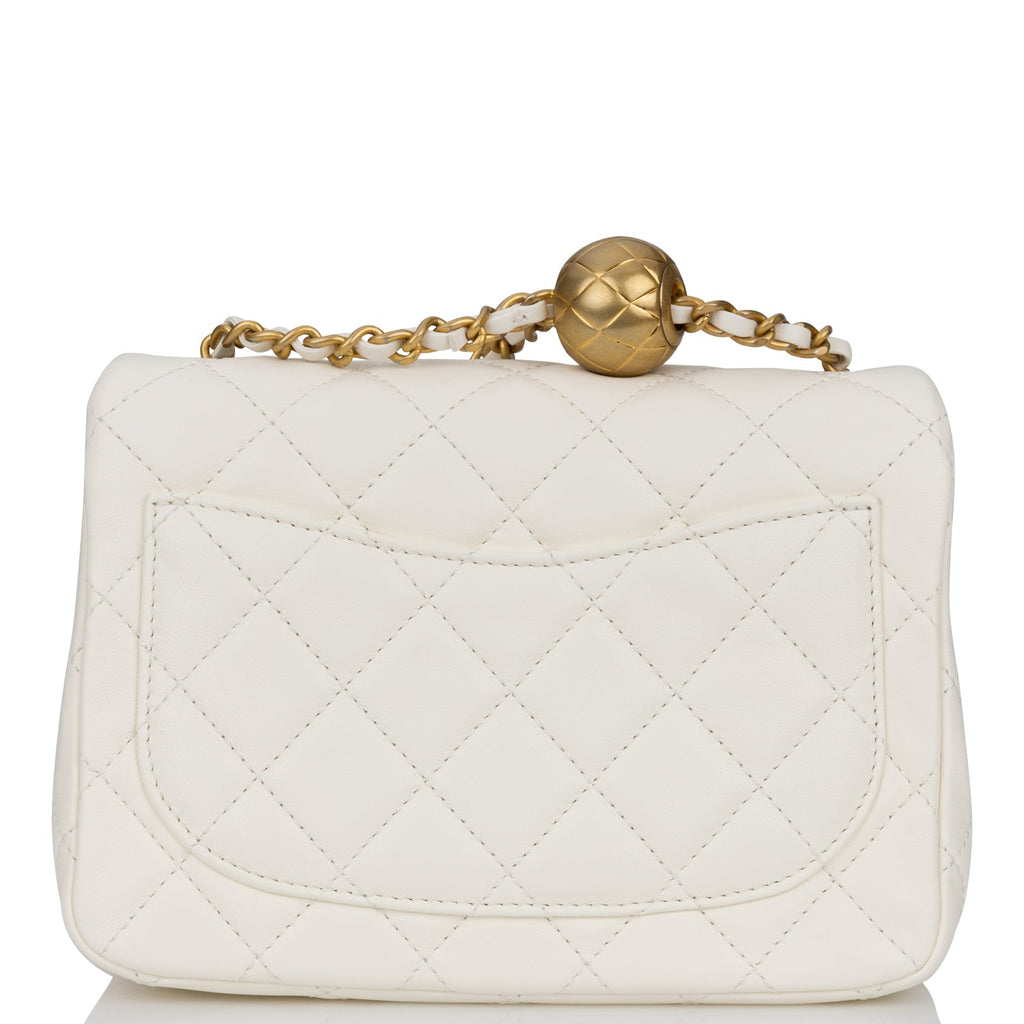 Chanel Pearl Crush Mini Square Flap Bag White Lambskin Antique Gold Hardware