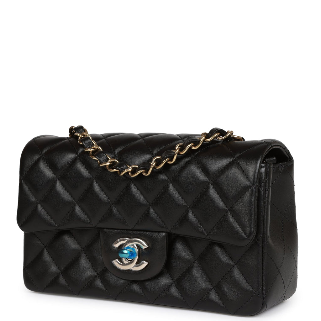 Chanel Mini Rectangular Flap Bag Black Lambskin Light Gold Hardware