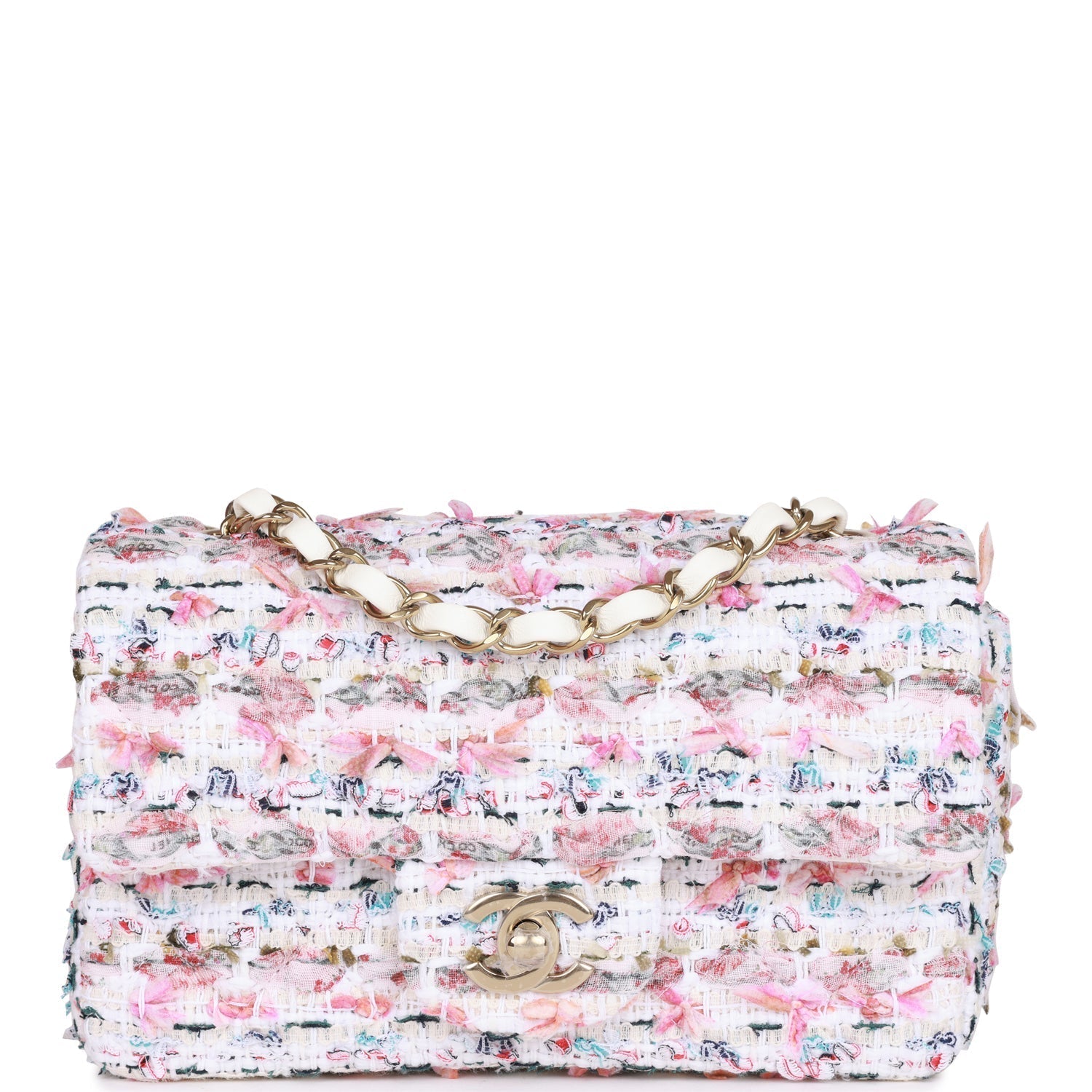 Chanel Mini Rectangular Flap Bag White Tweed Light Gold Hardware