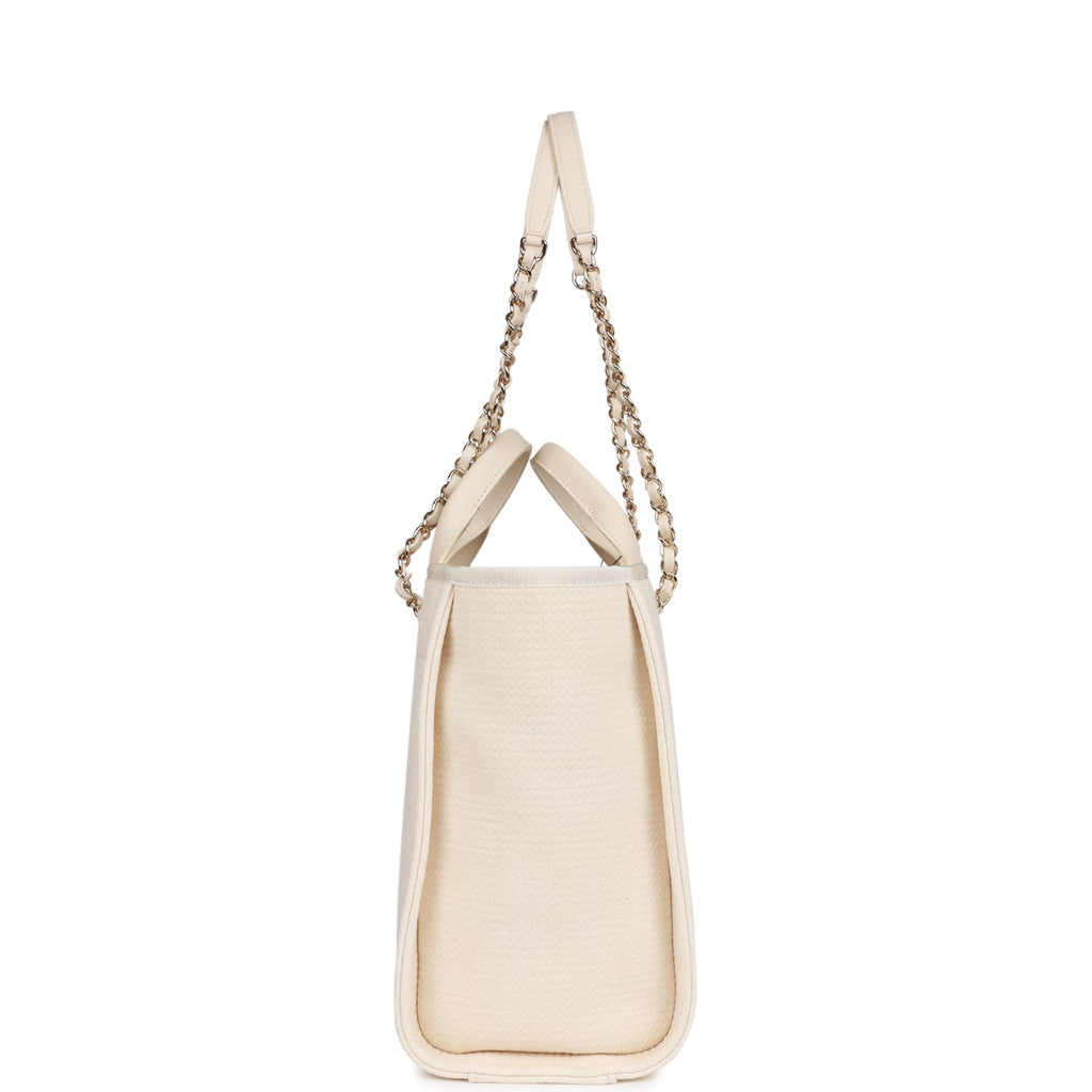 Chanel Large Deauville Shopping Bag White Boucle Light Gold Hardware