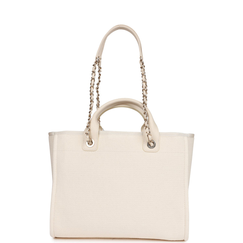 Chanel Large Deauville Shopping Bag White Boucle Light Gold Hardware