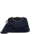 Chanel Vintage Frame Tassel Bag Navy Satin Gold Hardware