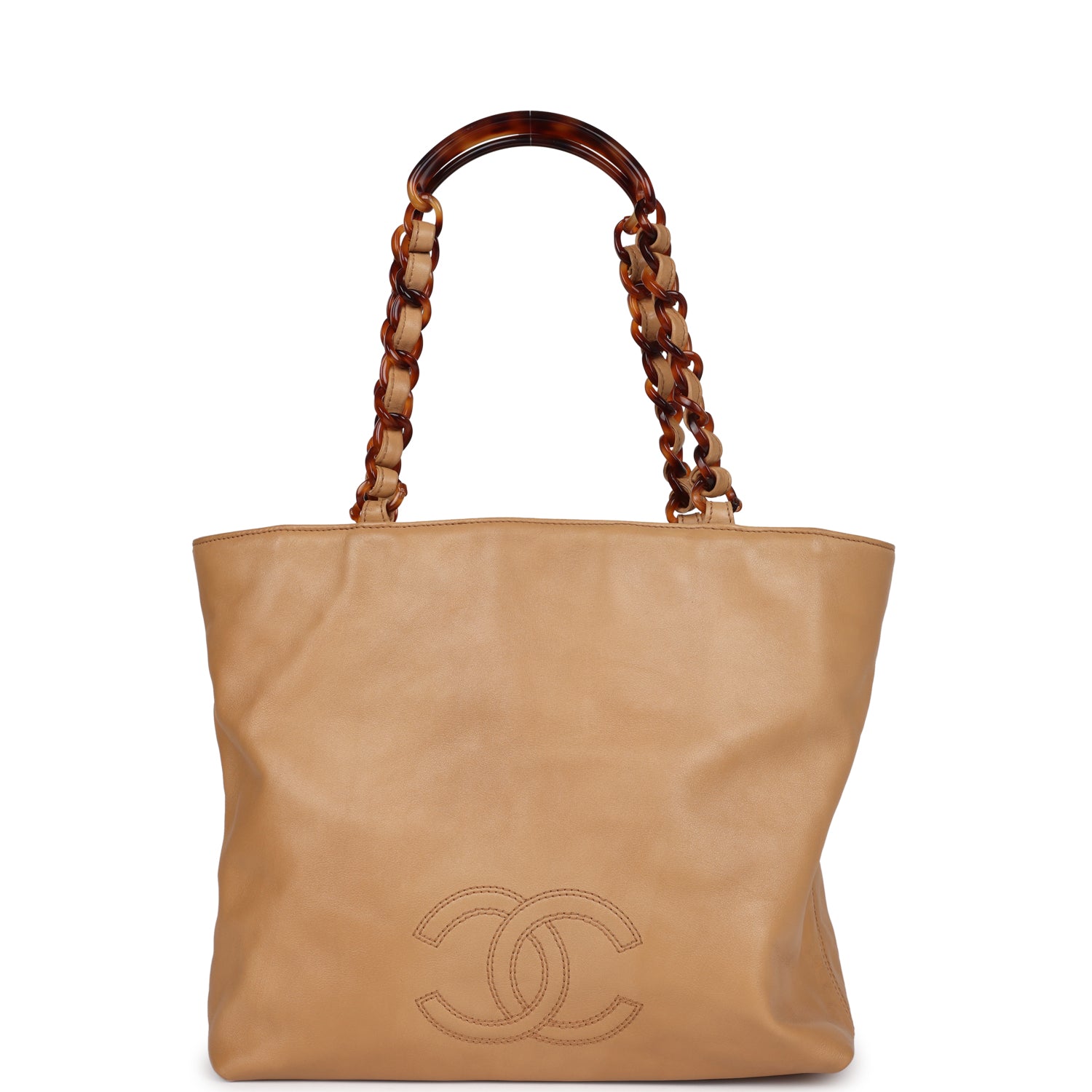 Chanel Vintage CC Shopping Tote Beige Lambskin Tortoiseshell Bakelite Hardware