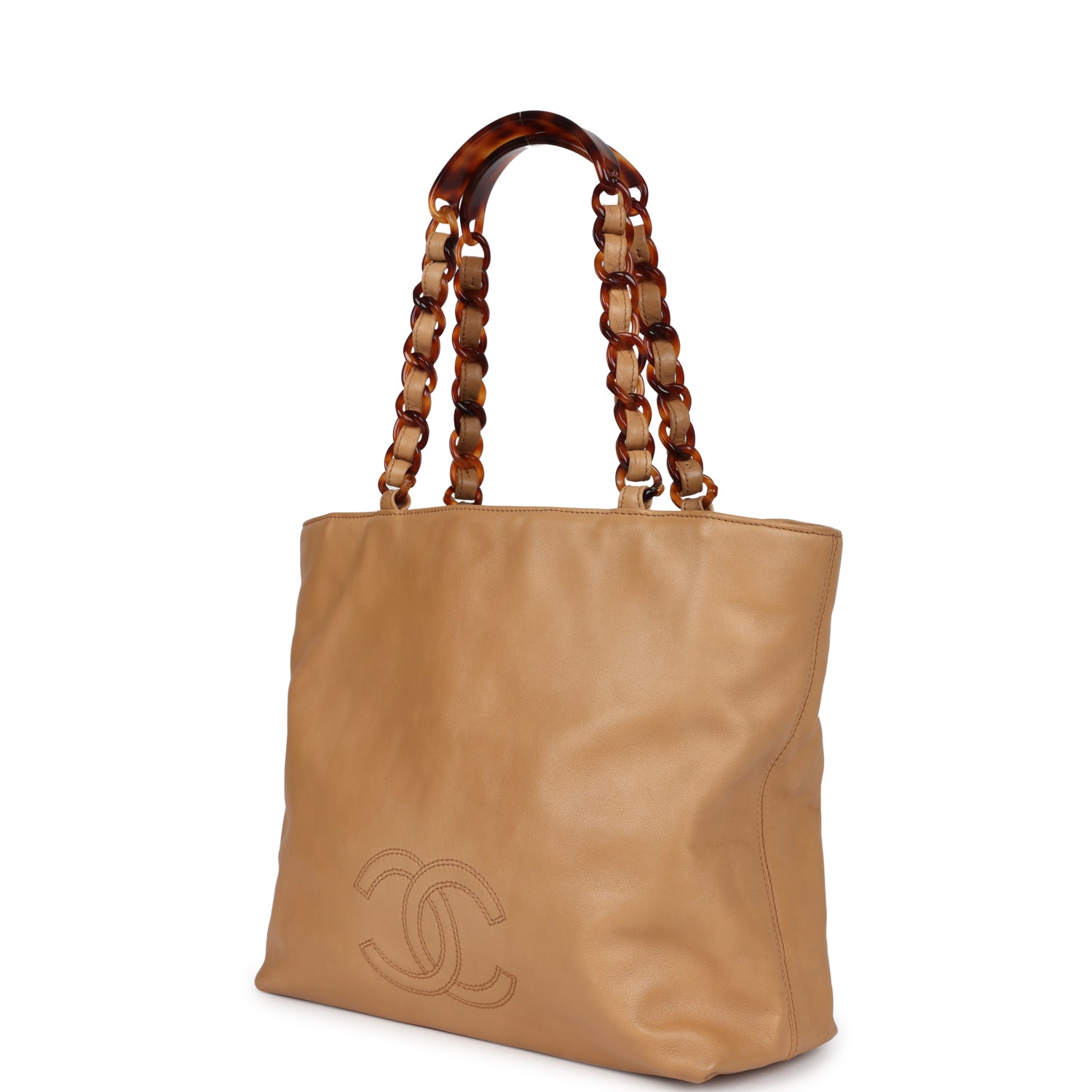 Chanel Vintage CC Shopping Tote Beige Lambskin Tortoiseshell Bakelite Hardware