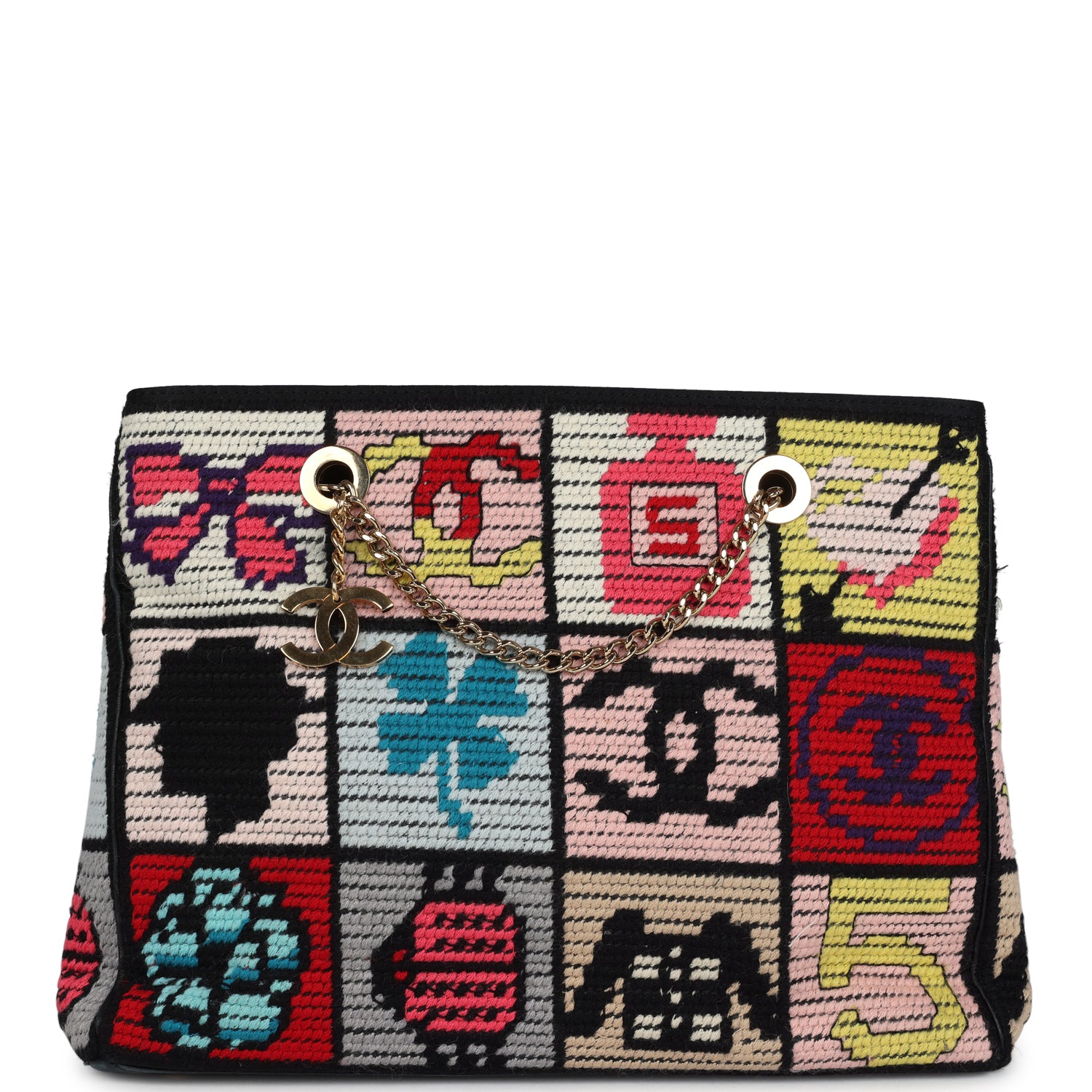 Chanel Vintage Precious Symbols Needle Point Tote Multicolor Wool Gold Hardware