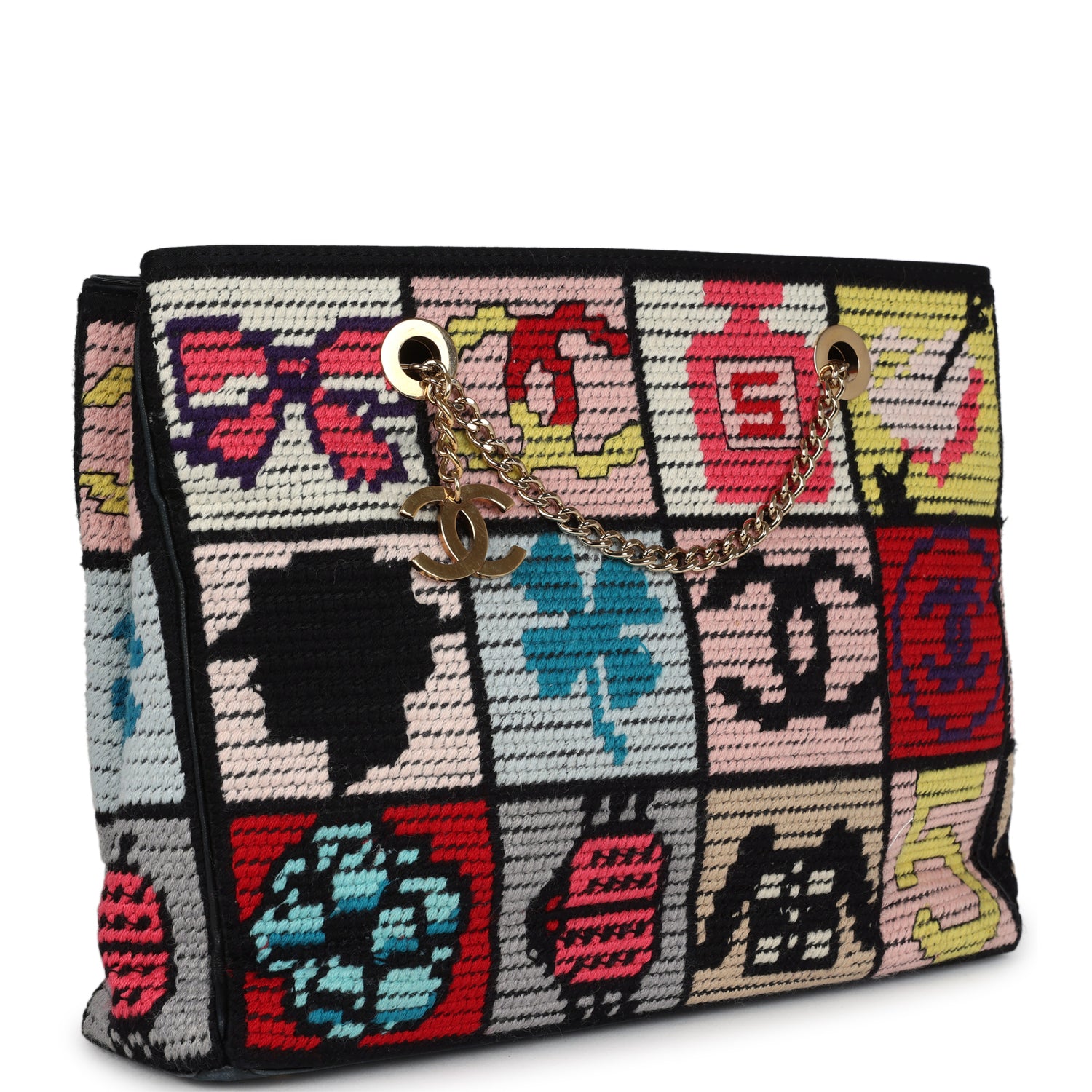 Chanel Vintage Precious Symbols Needle Point Tote Multicolor Wool Gold Hardware