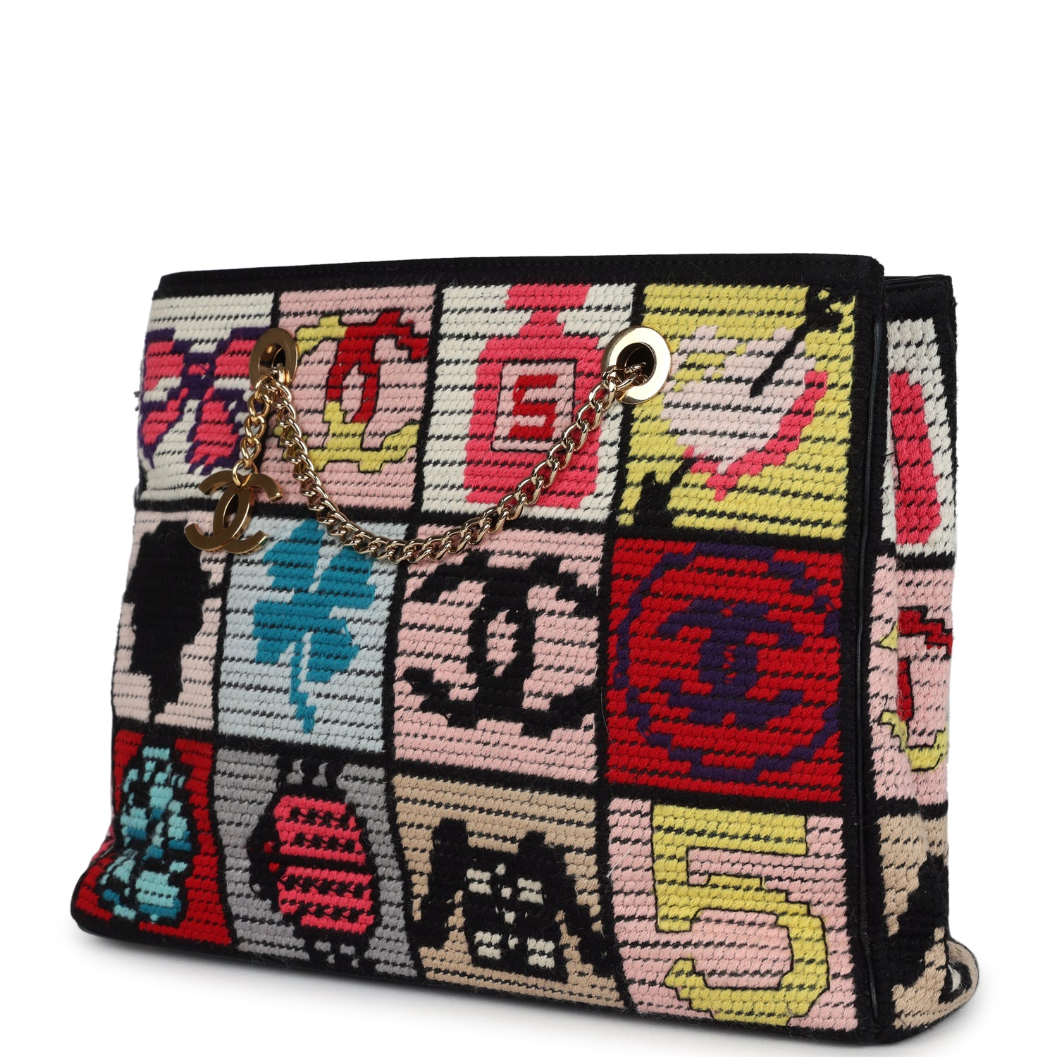 Chanel Vintage Precious Symbols Needle Point Tote Multicolor Wool Gold Hardware
