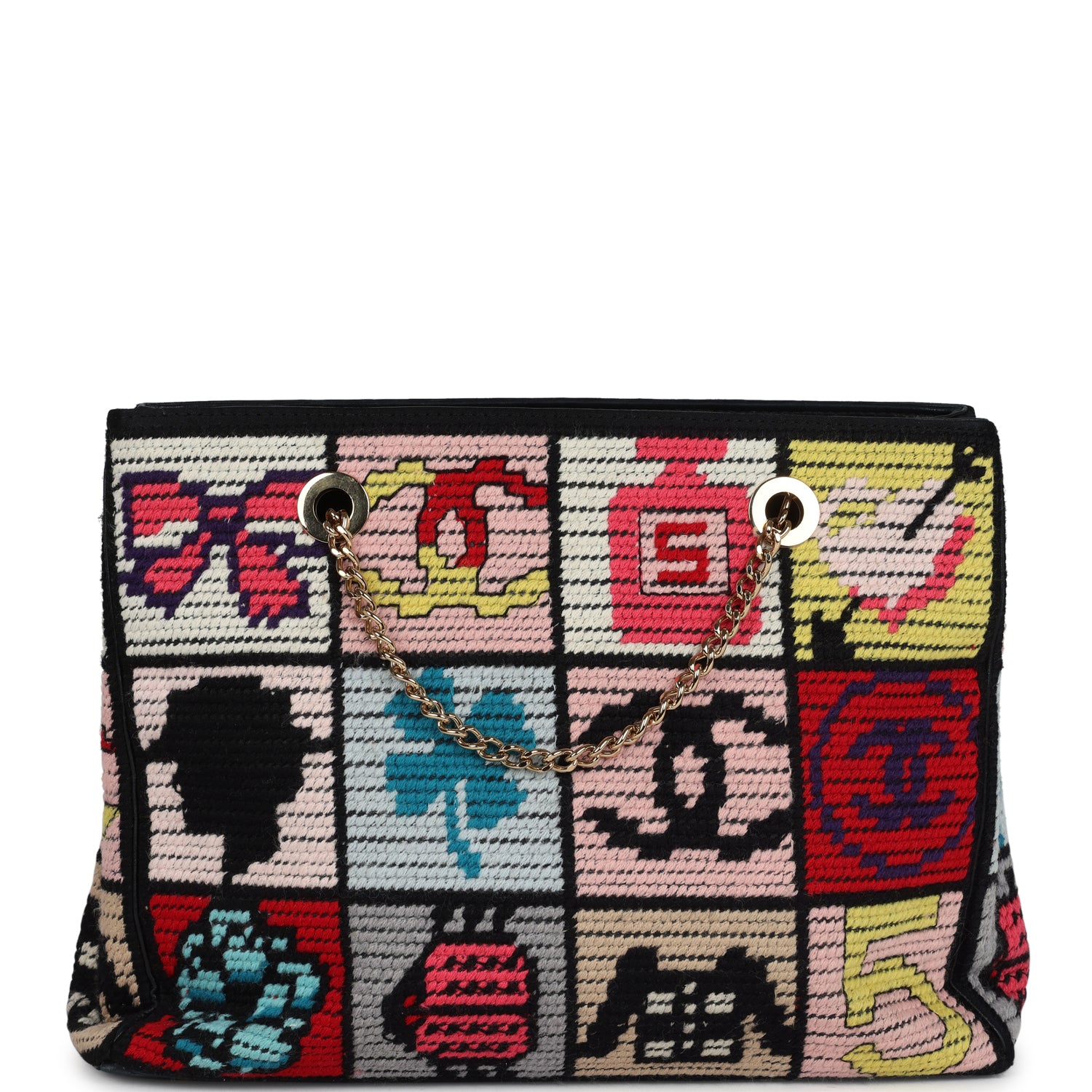 Chanel Vintage Precious Symbols Needle Point Tote Multicolor Wool Gold Hardware