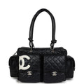 Chanel Vintage Large Cambon Ligne Reporter Bag Black and White Lambskin Silver Hardware