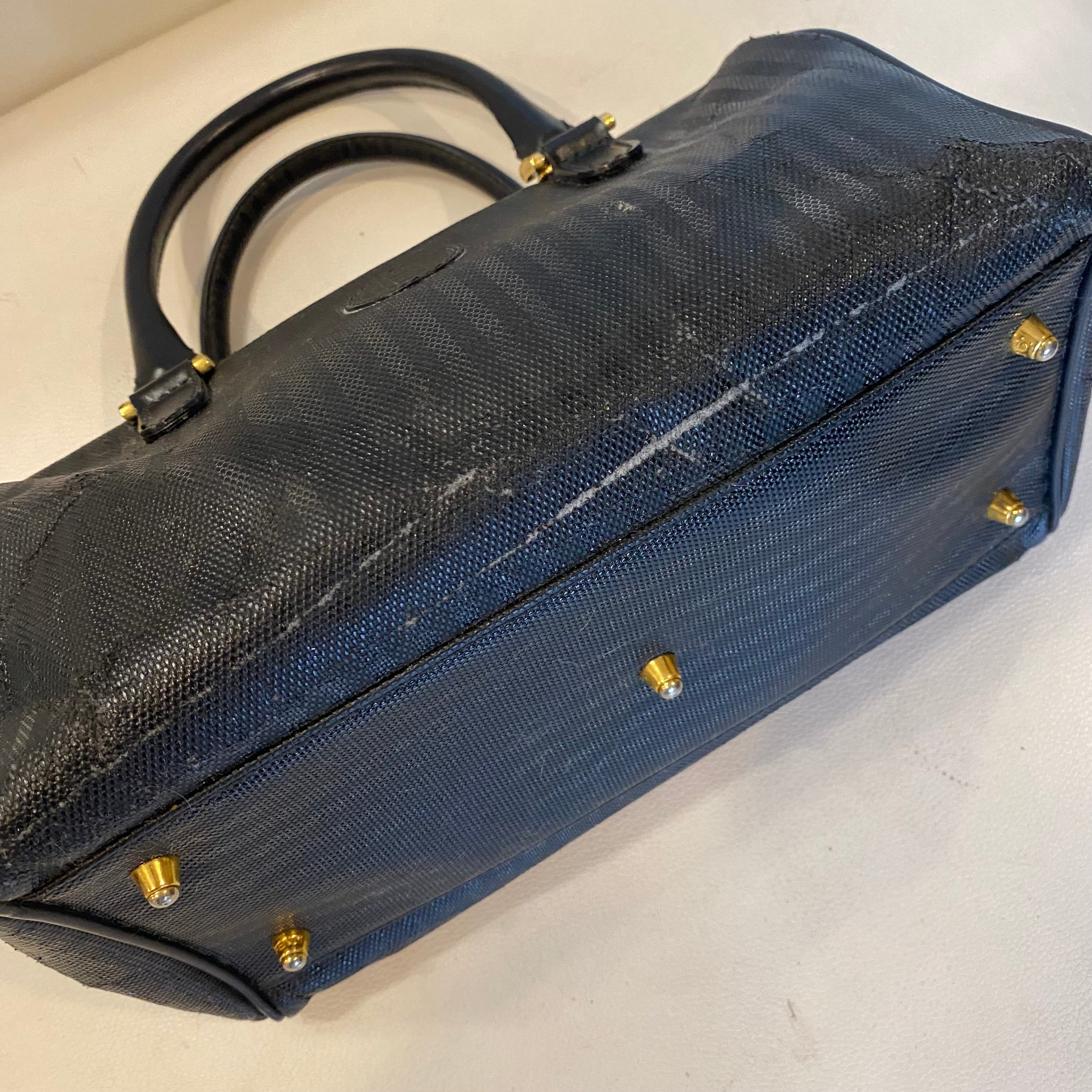 FENDI Vintage Black Striped Canvas Small Boston Handbag