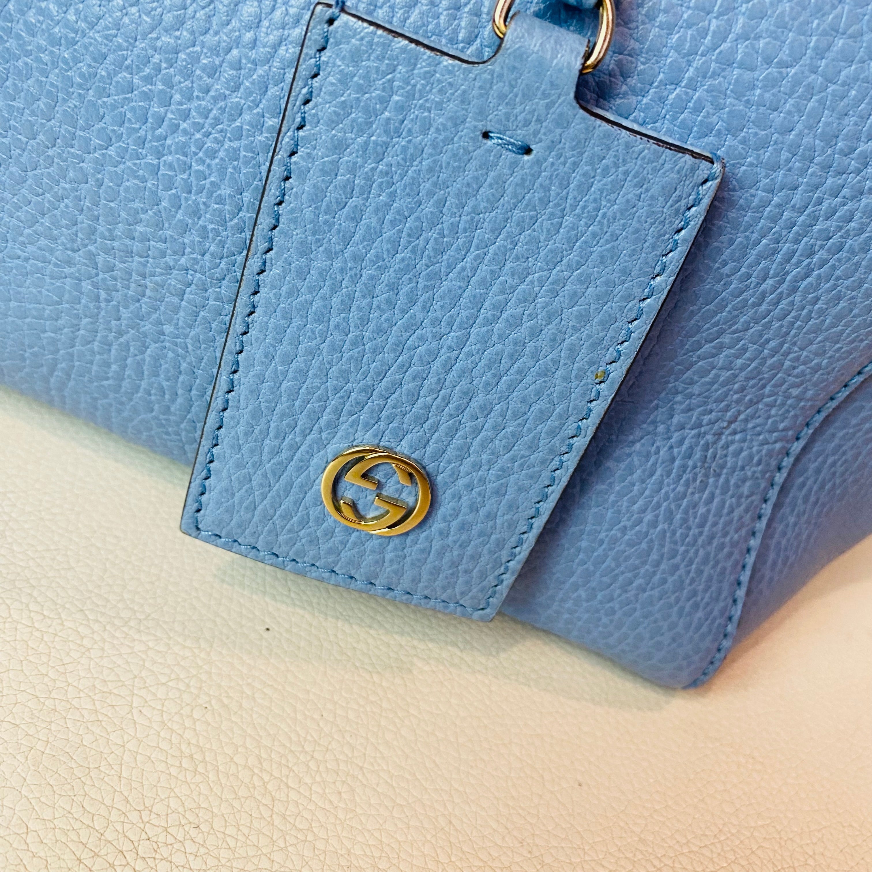 GUCCI Swing Medium Leather Tote Shoulder Bag Light Blue