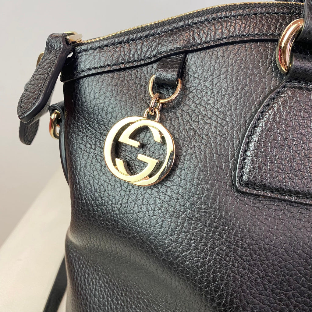 GUCCI Large Interlocking G’s Dome Tote Black Pebbled Leather Shoulder Bag