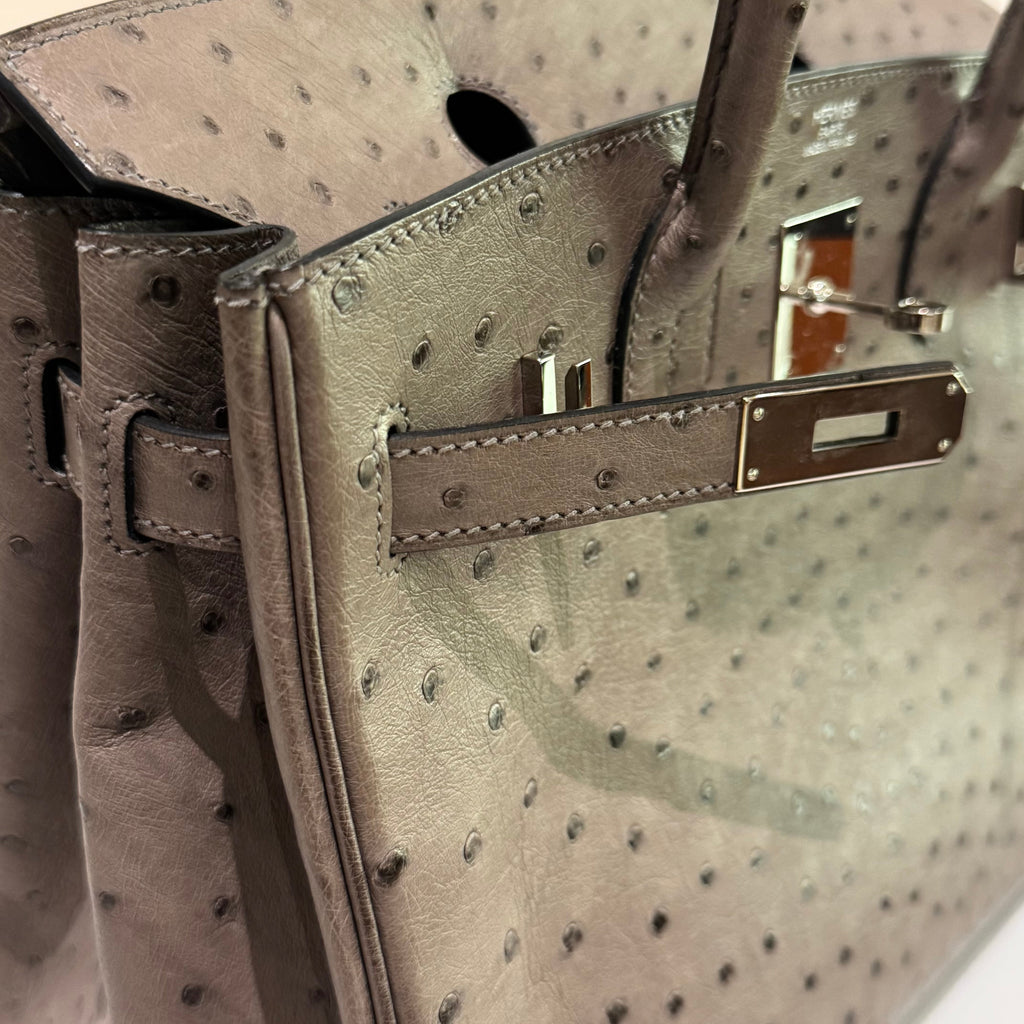 HERMÈS BIRKIN 30 OSTRICH LEATHER MOUSE GREY SILVER HARDWARE O STAMP