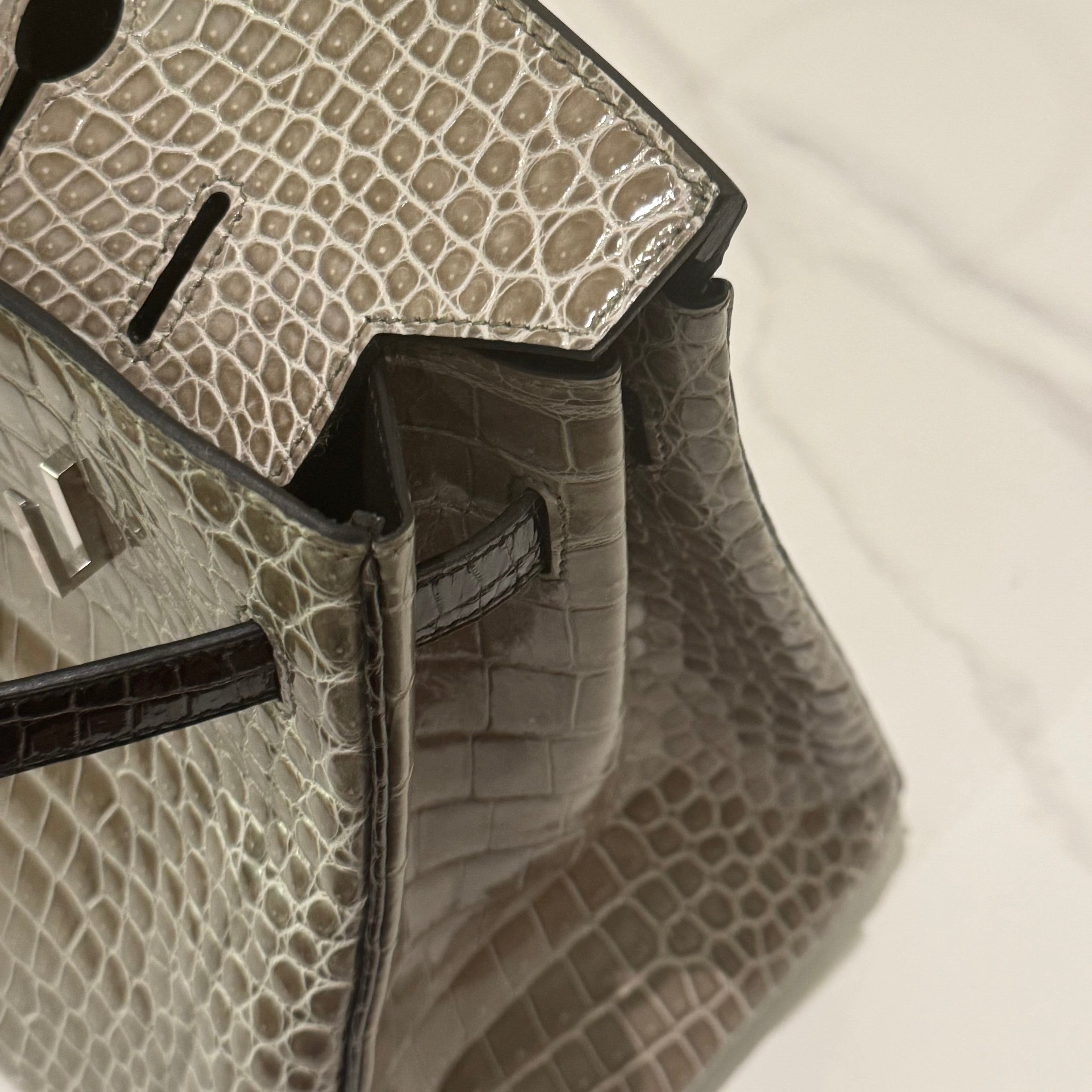 HERMÈS BIRKIN 35 GRIS TOURTERELLE CROCODILE POROSUS LISSE WITH BLACK HANDLE & PALLADIUM HARDWARE FULL STICKERS STAMP Y
