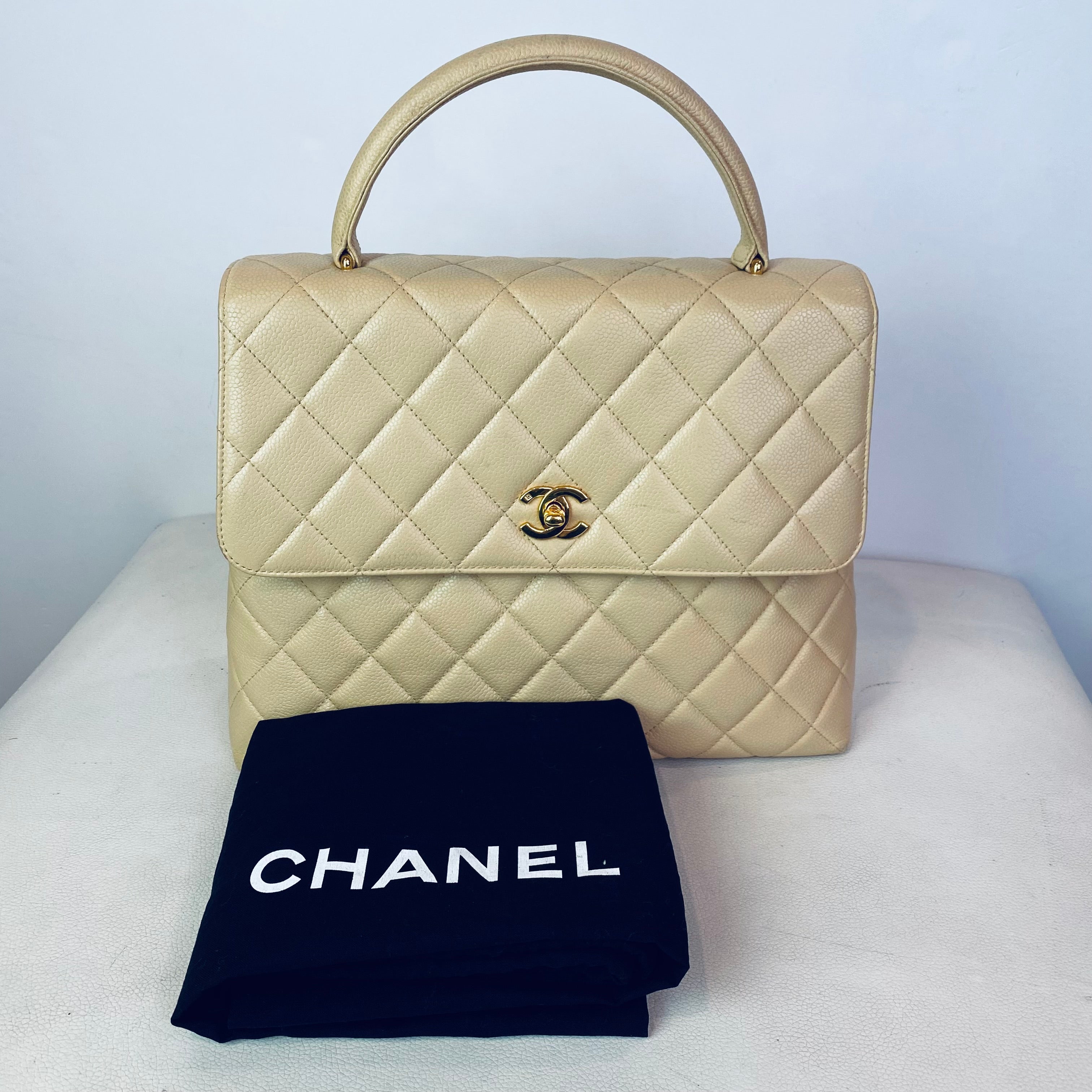 CHANEL “Kelly Bag” Top Handle Satchel Hand Bag Beige