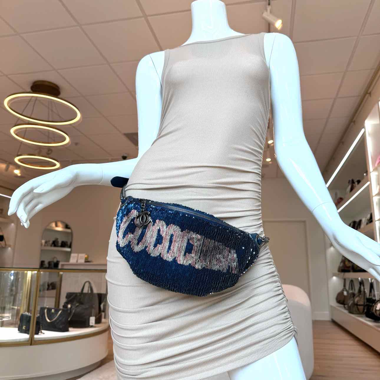 CHANEL Sequin Coco Cuba Belt Bag Blue/Pink