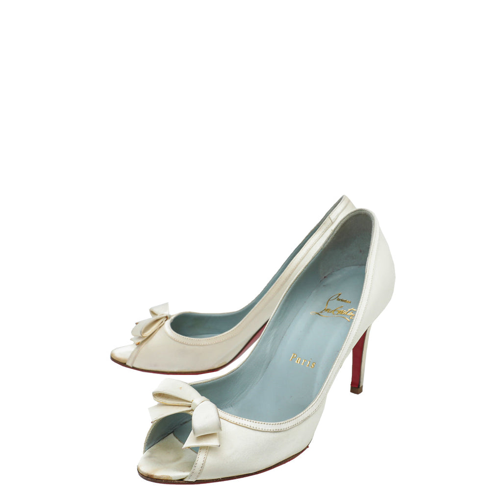 Christian Louboutin Ivory Satin Bow Peep toe Pumps 36.5
