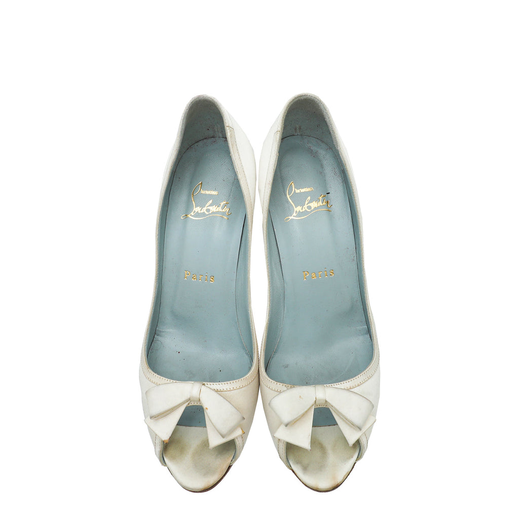 Christian Louboutin Ivory Satin Bow Peep toe Pumps 36.5