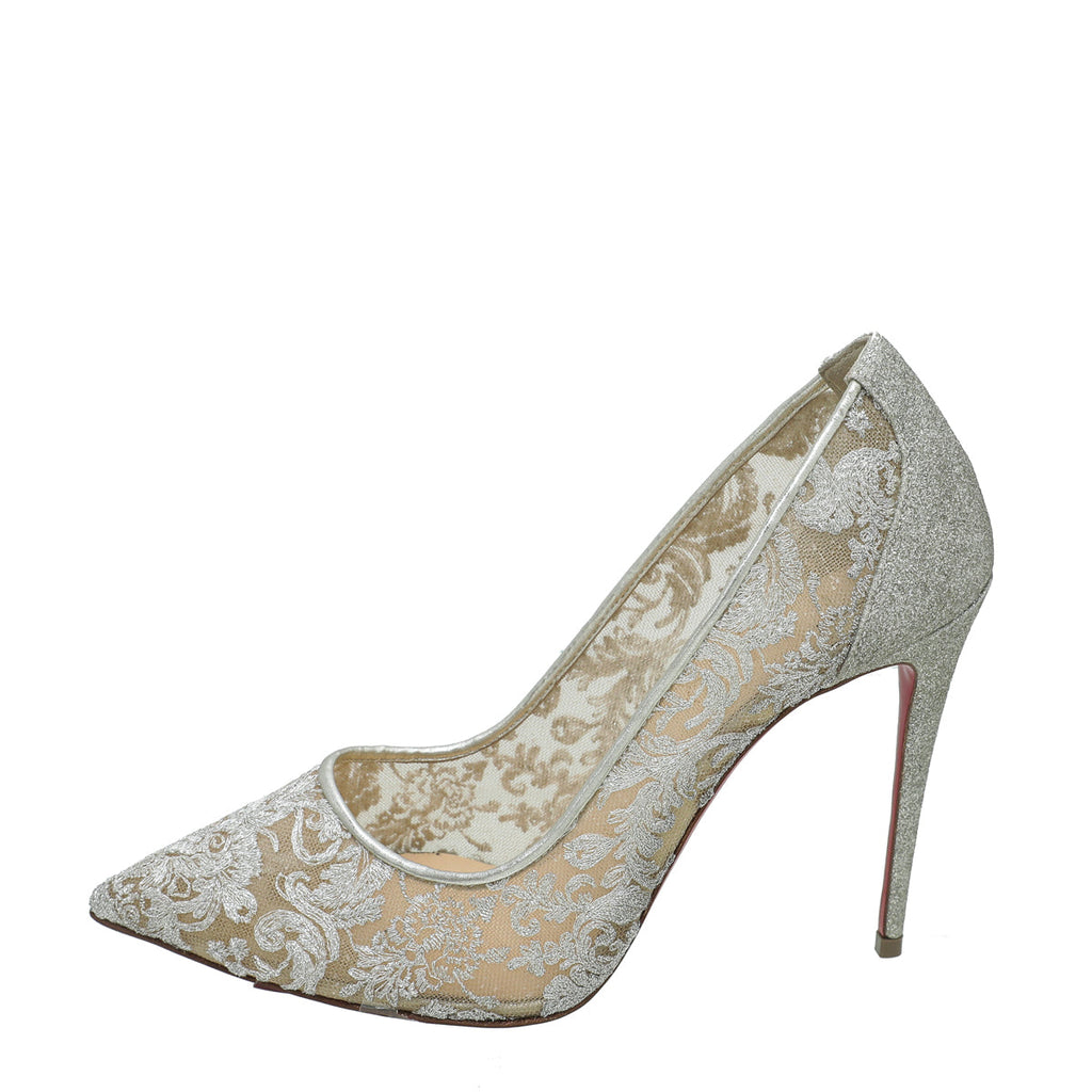 Christian Louboutin Silver Lace Glitter Follies 100 Pump 37