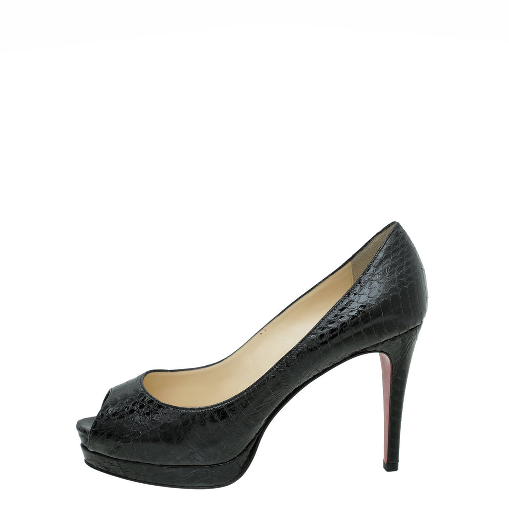 Christian Louboutin Shiny Black Python Lady Peep 85 Pumps 36.5