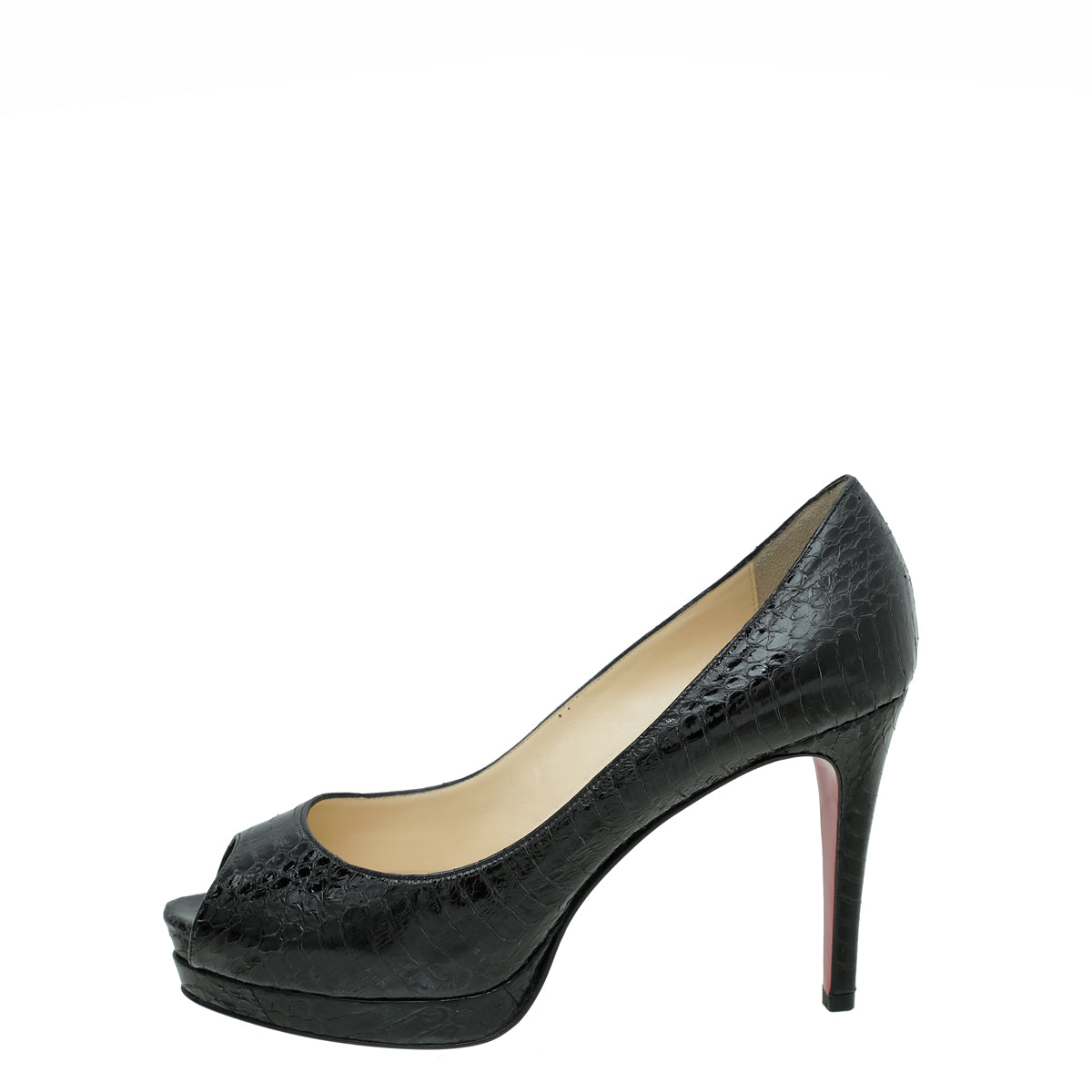 Christian Louboutin Shiny Black Python Lady Peep 85 Pumps 36.5